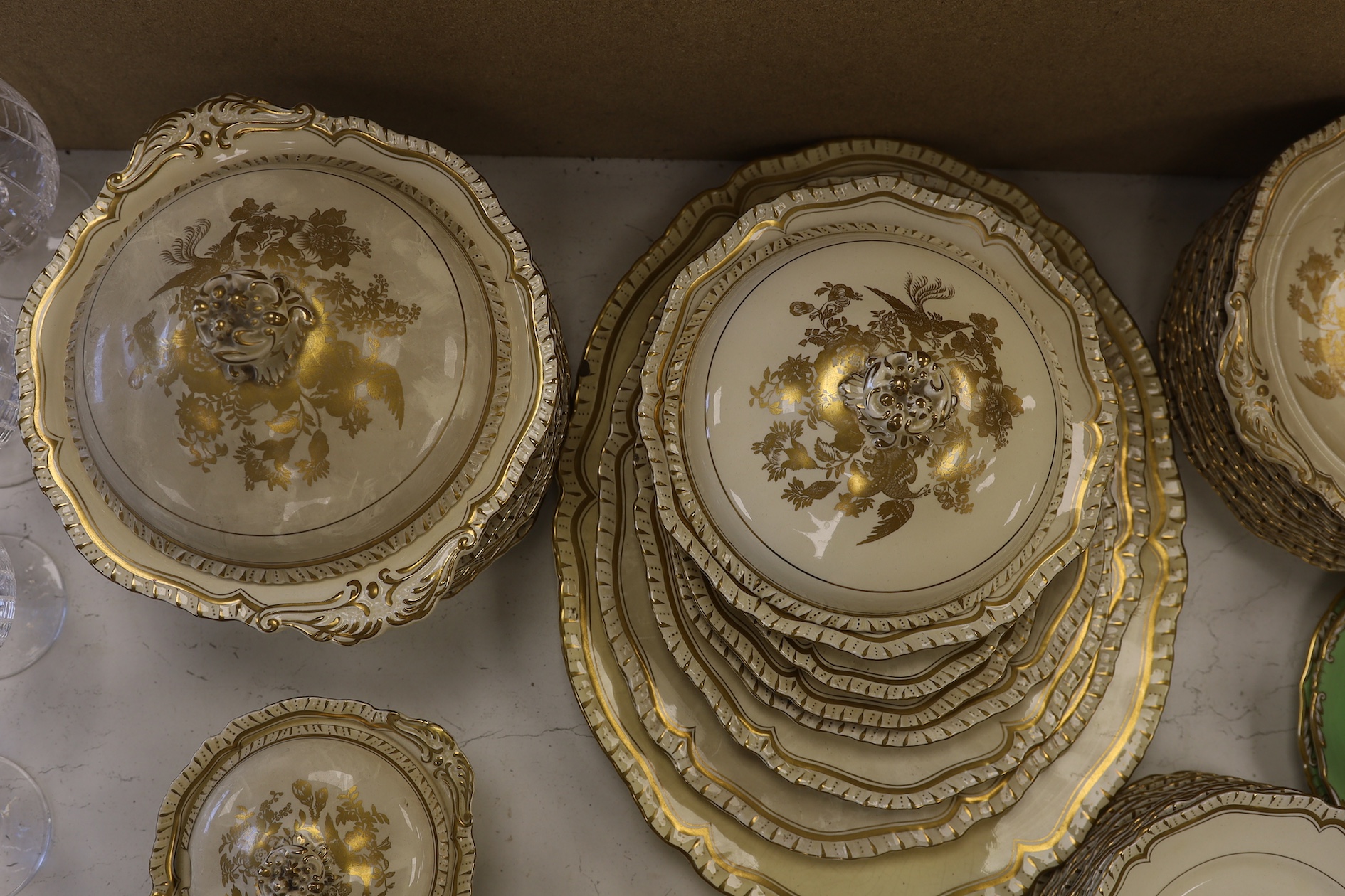 A Masons Patent Ironstone Part Dinner Service to include tureens, soup bowls and plates, largest 46cm wide. Condition - varies